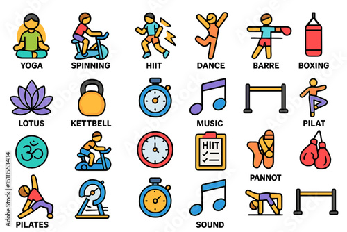 Illustrations of various fitness activities and exercises promoting health and wellness through movement and music
