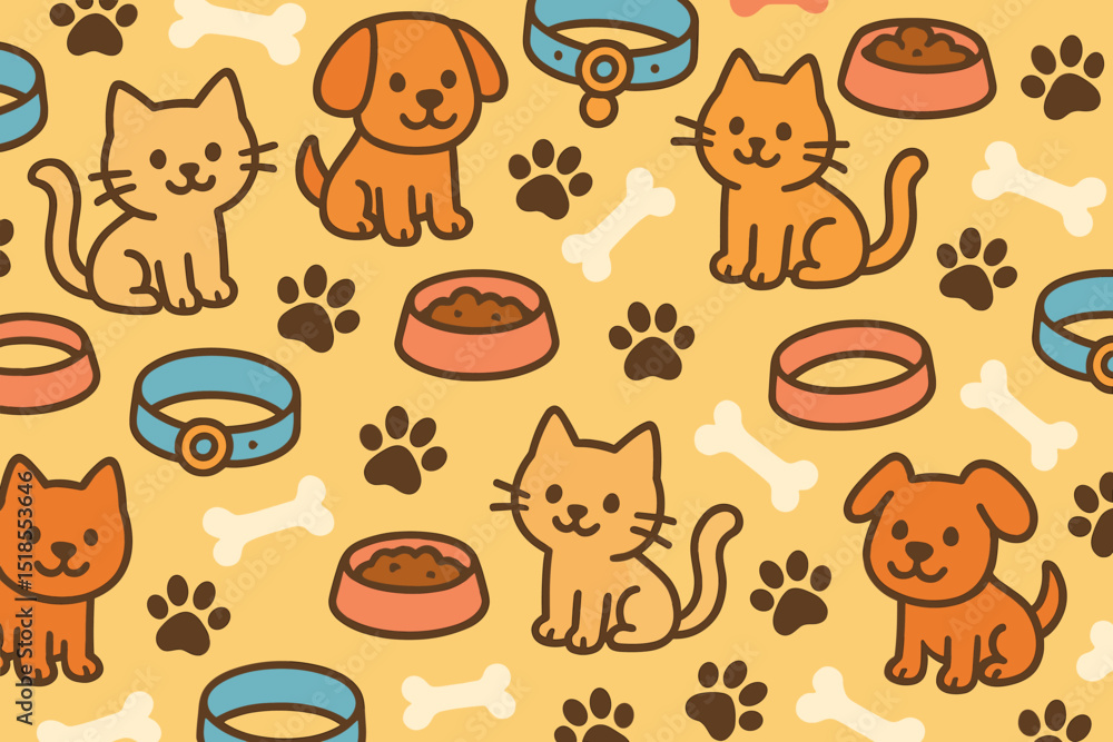 Cute cartoon pattern featuring playful cats and dogs with bowls and paw prints on a bright background Cute cartoon pattern featuring playful cats and dogs with bowls and paw prints on a bright background