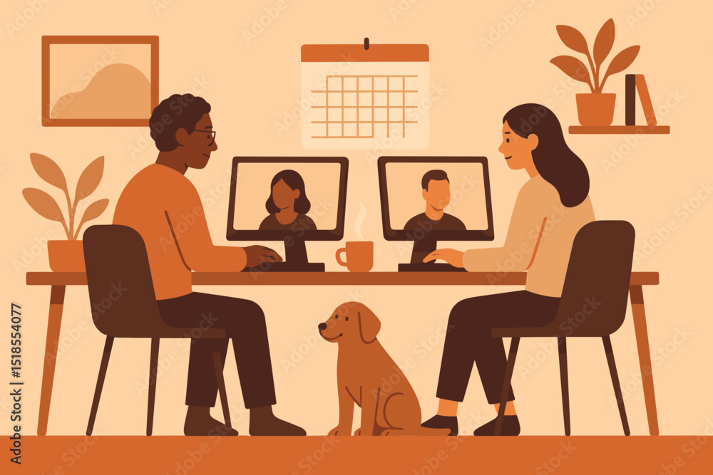 Couple working remotely with pet dog at home, engaged in video calls and planning Couple working remotely with pet dog at home, engaged in video calls and planning