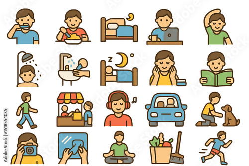 Daily activities of a person depicted through simple illustrations showcasing various routines and moments