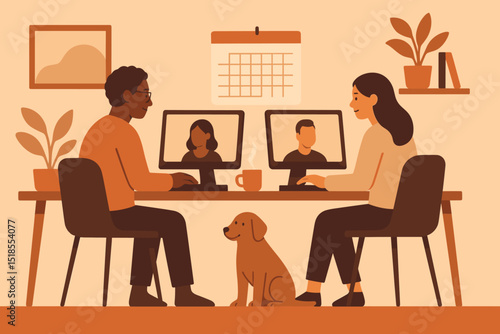 Couple working remotely with pet dog at home, engaged in video calls and planning