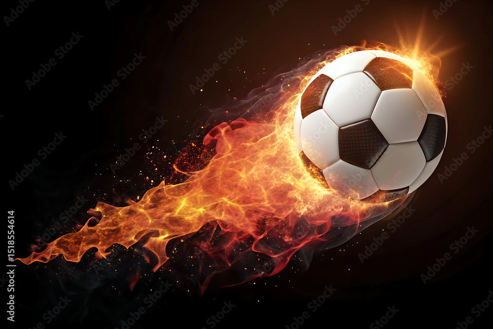 Fototapeta premium Photo of Soccer ball engulfed in flames, symbolizing speed, power, and intense competition on a black background