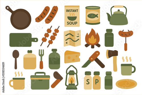 Flat camping and cooking icons in earthy tones with rustic theme