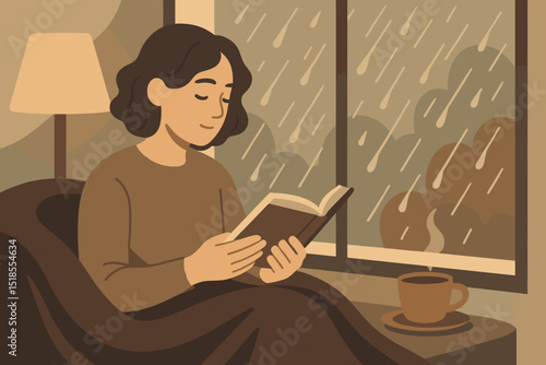 Person reading a book indoors by the window on a rainy day