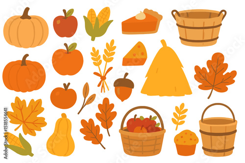 Autumn harvest clipart with pumpkins, apples, leaves, and baskets
