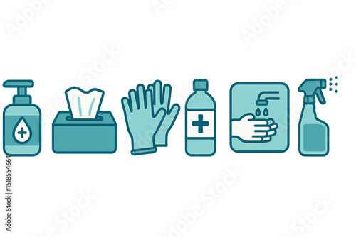 Illustrated icons of hygiene and sanitation supplies on dark background