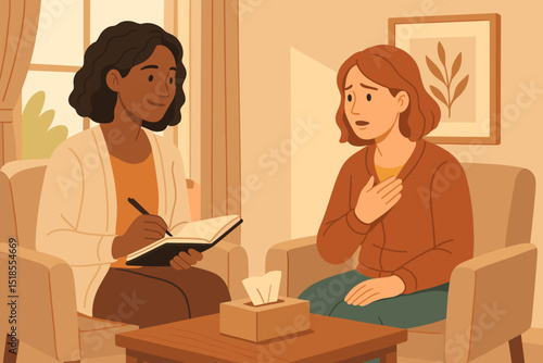Illustration of a therapy session between a counselor and patient