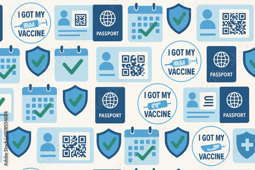 Seamless pattern of vaccine verification icons including passports and QR codes