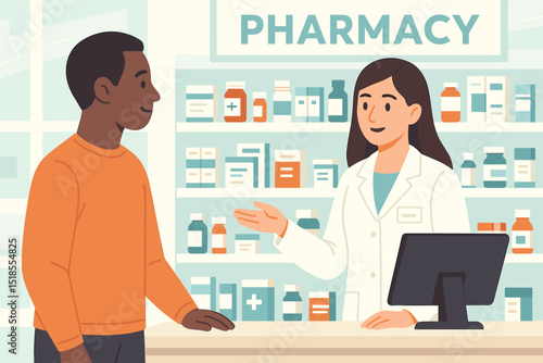 Pharmacist assisting customer at a modern pharmacy counter