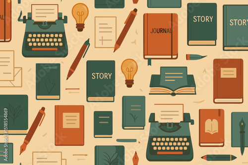 Seamless vintage writing pattern with journals, books, and typewriters