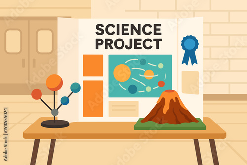 Students present a creative science project featuring a volcano model and a colorful display board showcasing planets