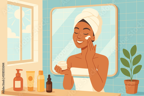 Woman enjoying a skincare routine at home in a bright bathroom during daytime