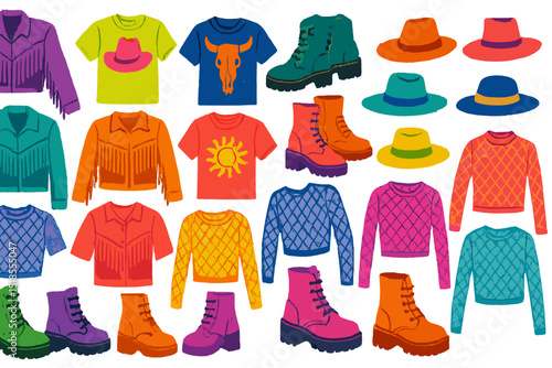 Colorful clothing collection featuring hats, shirts, and boots for a stylish summer look