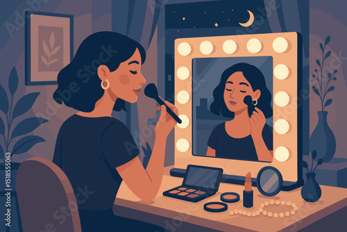Woman applying makeup in a cozy evening setting with a mirror and soft lighting