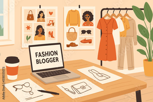 Fashion blogger workspace featuring sketches and outfits in a stylish interior setting