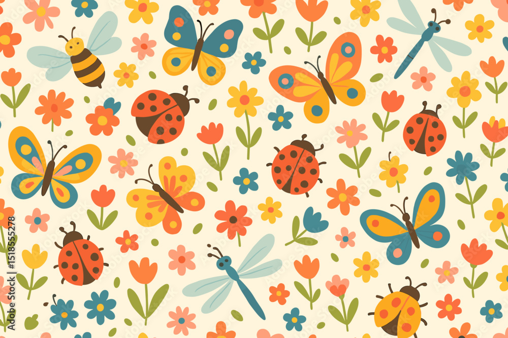 Fototapeta premium Colorful garden pattern featuring various butterflies, bees, ladybugs, and flowers in a cheerful design