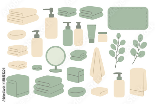 Relaxing bathroom essentials arranged with towels, bottles, and greenery for a calming atmosphere