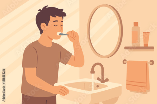 Man brushes teeth at bathroom sink in morning routine, sunlight filtering through window