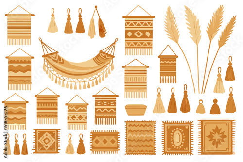 Decorative wall hangings and textiles showcasing natural colors and patterns in a warm aesthetic for home decor