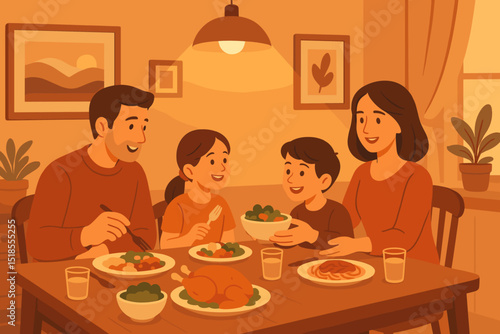 Family enjoys a cozy dinner together at home during a warm evening