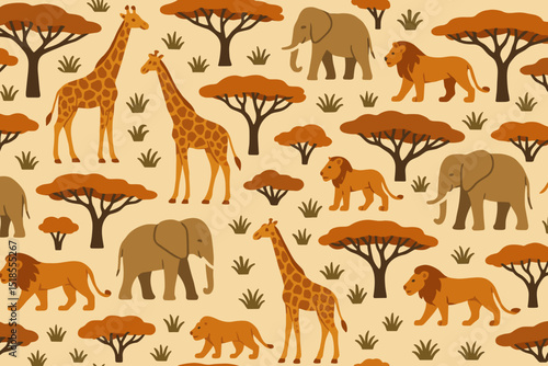 Colorful animal patterns featuring giraffes, elephants, and lions in a savanna landscape during a sunny day