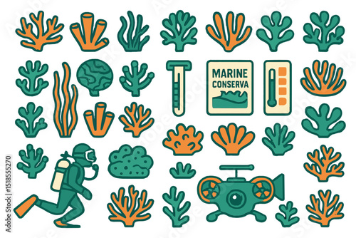 Marine conservation symbols depicting underwater life and diving activities in a vibrant graphic style