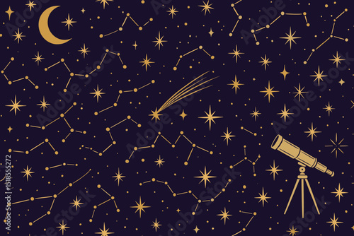 Night sky with telescope observing constellations and comet during a clear evening