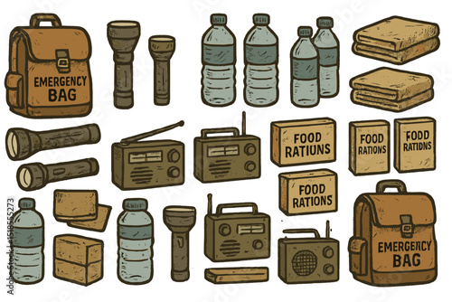 Emergency preparedness kit contents including flashlights, food rations, and blankets for disaster situations