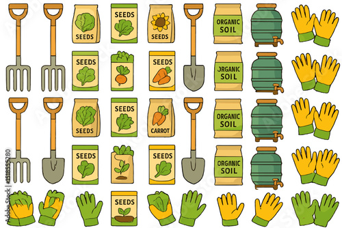 Gardening tools and supplies arranged for planting seeds in a home garden during springtime