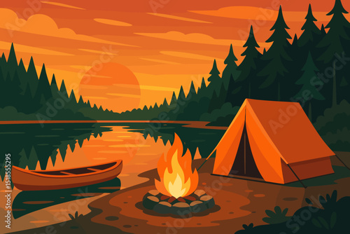 Camping by a lakeside with a campfire at sunset surrounded by pine trees