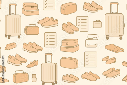 Patterns of travel essentials featuring shoes, luggage, and checklists in a light color scheme