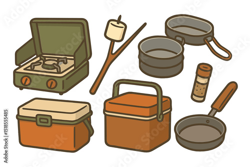 Cooking equipment for outdoor adventures including camping stove, pots, and utensils for preparing meals