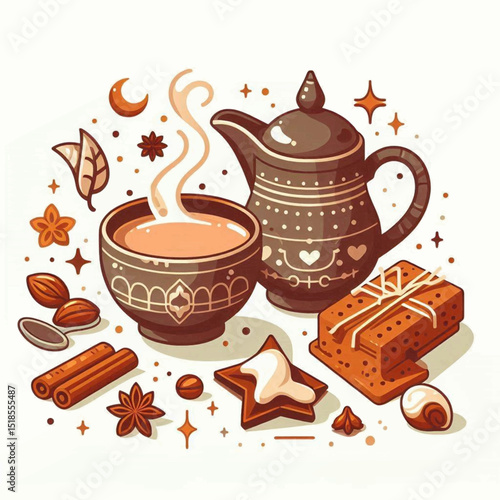 A still life of tea cookies and spices with a teapot steaming tea cinnamon sticks star anise and various treats