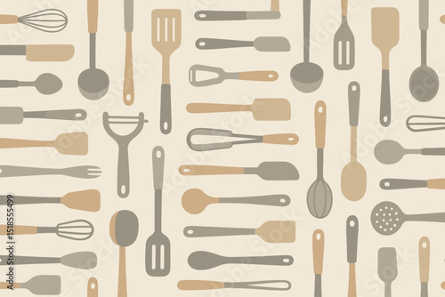 Kitchen utensils arranged in a playful pattern on a light background perfect for culinary decorations