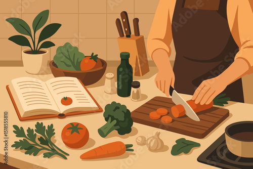 Preparing a fresh vegetable meal with a cookbook in a cozy kitchen setting during the daytime