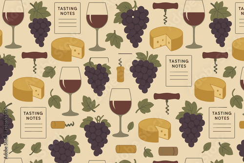 Wine and cheese tasting decor with grapes, glasses, and tasting notes in a cozy kitchen setting for a fun event