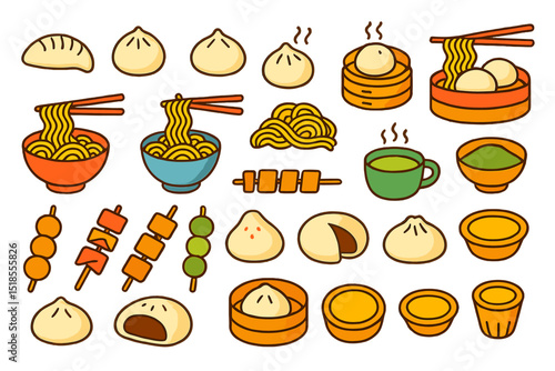 Variety of traditional Asian dishes featuring dumplings, noodles, and tea served in unique bowls and containers