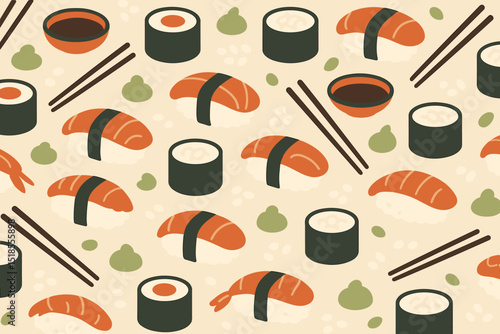 Colorful sushi pattern featuring rolls, nigiri, and wasabi in a vibrant design