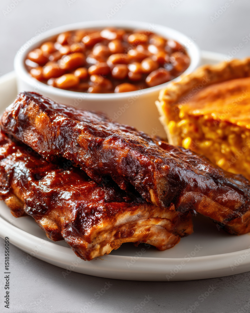 Soul Food Classics Plate Featuring BBQ Ribs, Baked Beans, and Sweet Potato Pie Soul Food Classics Plate Featuring BBQ Ribs, Baked Beans, and Sweet Potato Pie