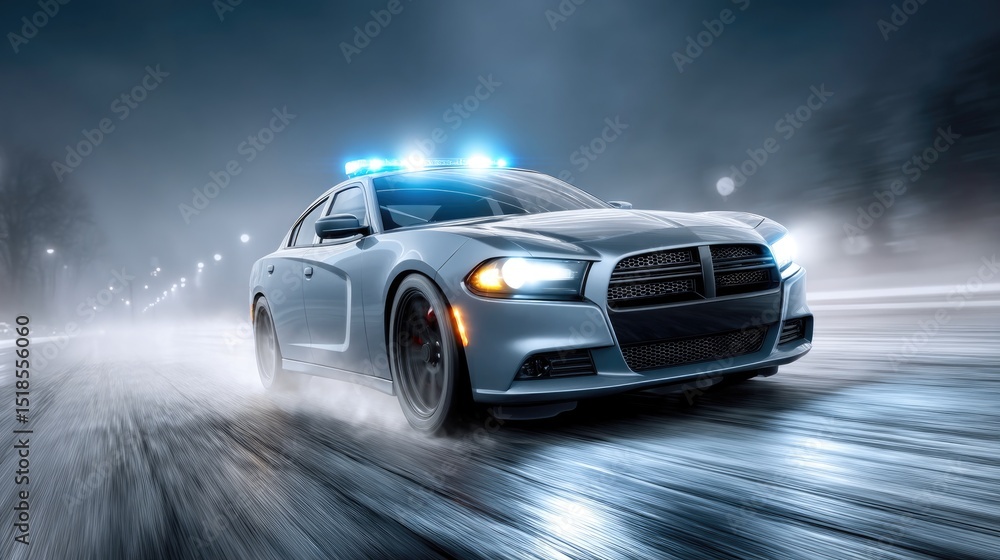 Fototapeta premium Police Vehicle with Blue Sirens in a Foggy Night Pursuit