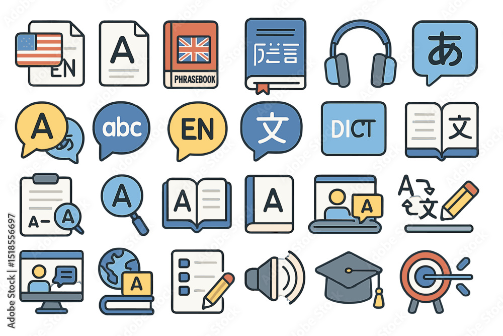 Language learning icons and tools displayed in a colorful grid for educational purposes Language learning icons and tools displayed in a colorful grid for educational purposes