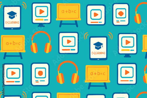 E-learning resources and tools illustrated with colorful graphics on a blue background