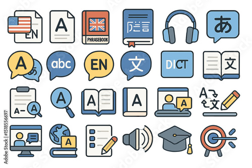 Language learning icons and tools displayed in a colorful grid for educational purposes