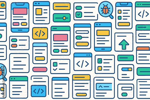 Colorful mobile and web interface designs showcasing user interactions and debugging elements