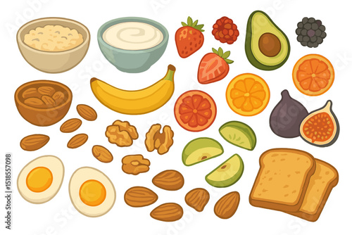 Healthy breakfast spread featuring fruits, nuts, and grains arranged on a white background in a colorful display