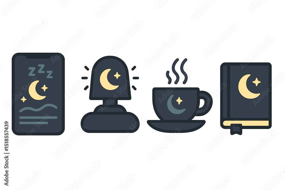 Calm night vibes with a smartphone, alarm, coffee cup, and book on a serene evening Calm night vibes with a smartphone, alarm, coffee cup, and book on a serene evening