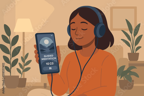 Practicing mindfulness during guided meditation at home in a cozy living room with plants in the background