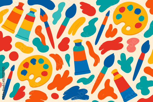Colorful art supplies arranged playfully on a light background showcasing creativity and artistic expression