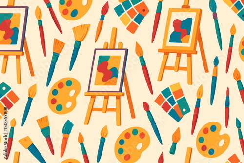 Colorful art and painting tools arranged in a vibrant pattern perfect for creative projects