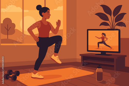 Online workout session at home during sunset with woman exercising on mat